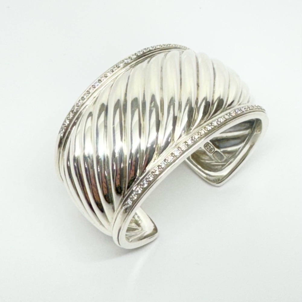 David Yurman Thoroughbred Wide Diamond Cable Cuff Bracelet .925 - Picture 8 of 14
